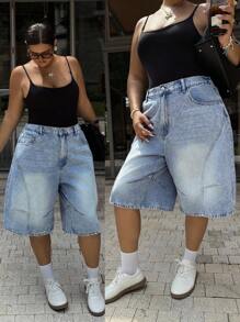 SHEIN EZwear Quần jean ống rộng giặt thường ngày mùa hè cỡ lớn - Màu xanh lam - Xem 1