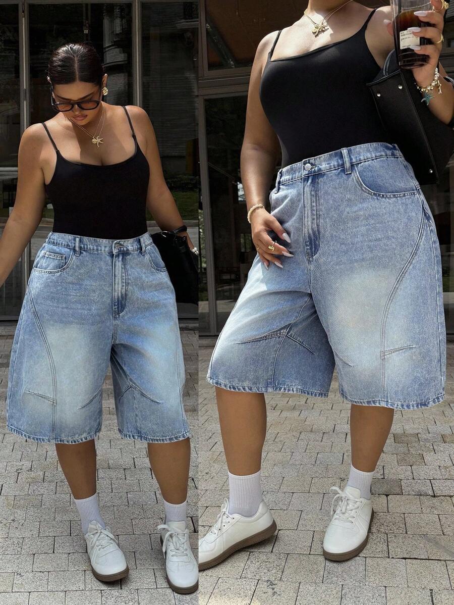 SHEIN EZwear Quần jean ống rộng giặt thường ngày mùa hè cỡ lớn - Màu xanh lam - Xem 1