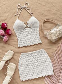 Soleia 性感细肩带金属海星镂空短款上衣和低腰半身裙两件套，适合度假、音乐节、波西米亚风、节日、约会、下午茶 - 米色 - 查看 4