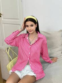 INAWLY 女士休闲条纹长袖衬衫，春秋 - 粉色 - 查看 5