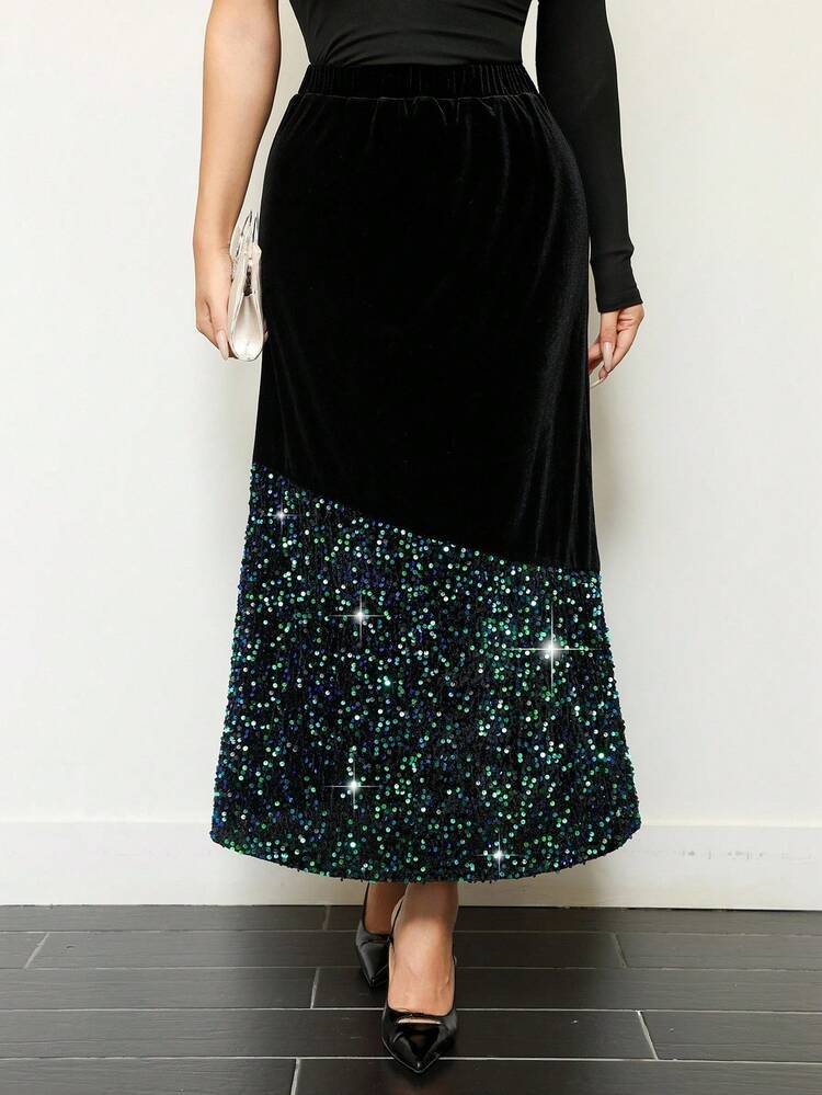 Women's Sequin Patchwork Fish Tail Hem Elegant Skirt Fall Skirt Luxury New Years Women Carnival