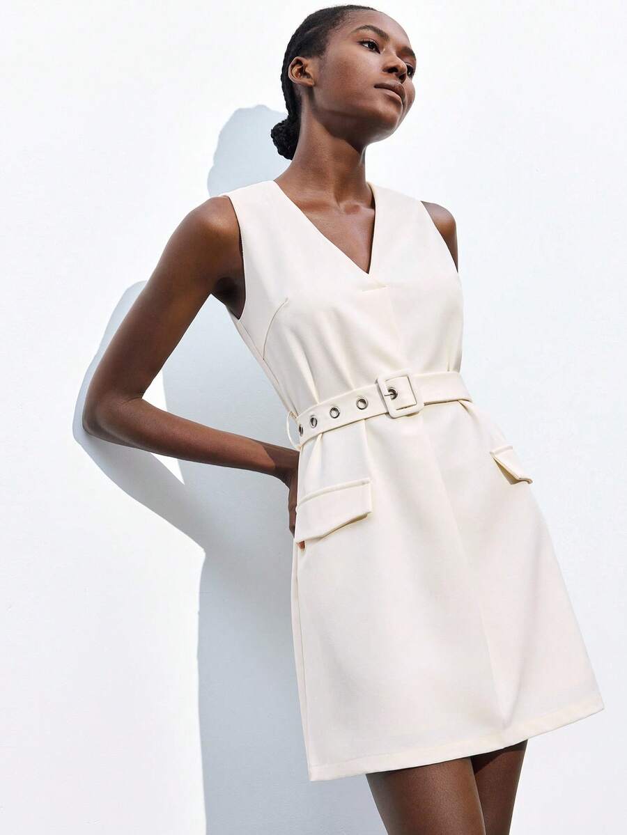 Maija 新款杏色V领露肩无袖系带女式连衣裙，优雅别致，春夏款 - 白色 - 查看 1