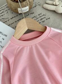 SHEIN 女婴幼儿新生儿0-3岁休闲日常百搭运动蝴蝶结装饰粉色长袖卫衣和裤子套装，秋冬 - 粉色 - 查看 7