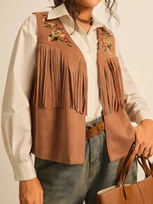 SHEIN LUNE Áo khoác vest tua rua thiết kế thêu hoa cỡ lớn cho nữ, áo vest kiểu Tây, áo vest tua rua cho nữ, quần áo kiểu Tây, quần áo mùa thu, trang phục công sở thường ngày cho nữ, áo khoác dạ hội tua rua, áo khoác da lộn tua rua cho nữ, trang phục Halloween cho nữ, áo khoác dài không tay màu lạc đà phong cách Boho, áo kiểu Tây, quần áo mùa thu cho nữ - màu nâu - Xem 5