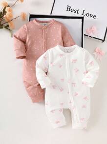 SHEIN 2pcs Newborn Baby Girl Autumn Outfit, Comfortable & Cute Bow Pattern Long Sleeve Jumpsuit Set, Suitable For Any Occasion Fall Winter