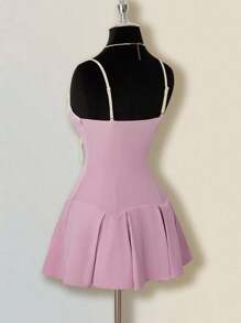 SHEIN ICON Women's Spring/Summer Graduation Prom Sweet And Cute Pure Millennial Style Y2K Kululi Style 2 In 1 Chest Ruffle Lace Stitching Pink Slim Low-Waist Pleated Mini Dress - Pink - View 7