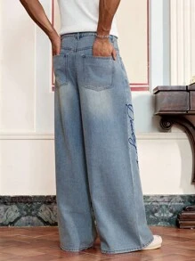 SWAVVY 男士休闲水洗字母刺绣牛仔裤 - 藍色 - 查看 2