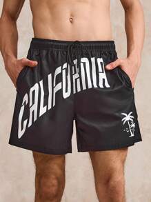 Surfspeed 男士字母印花抽绳腰口袋沙滩短裤 - 黑色 - 查看 6