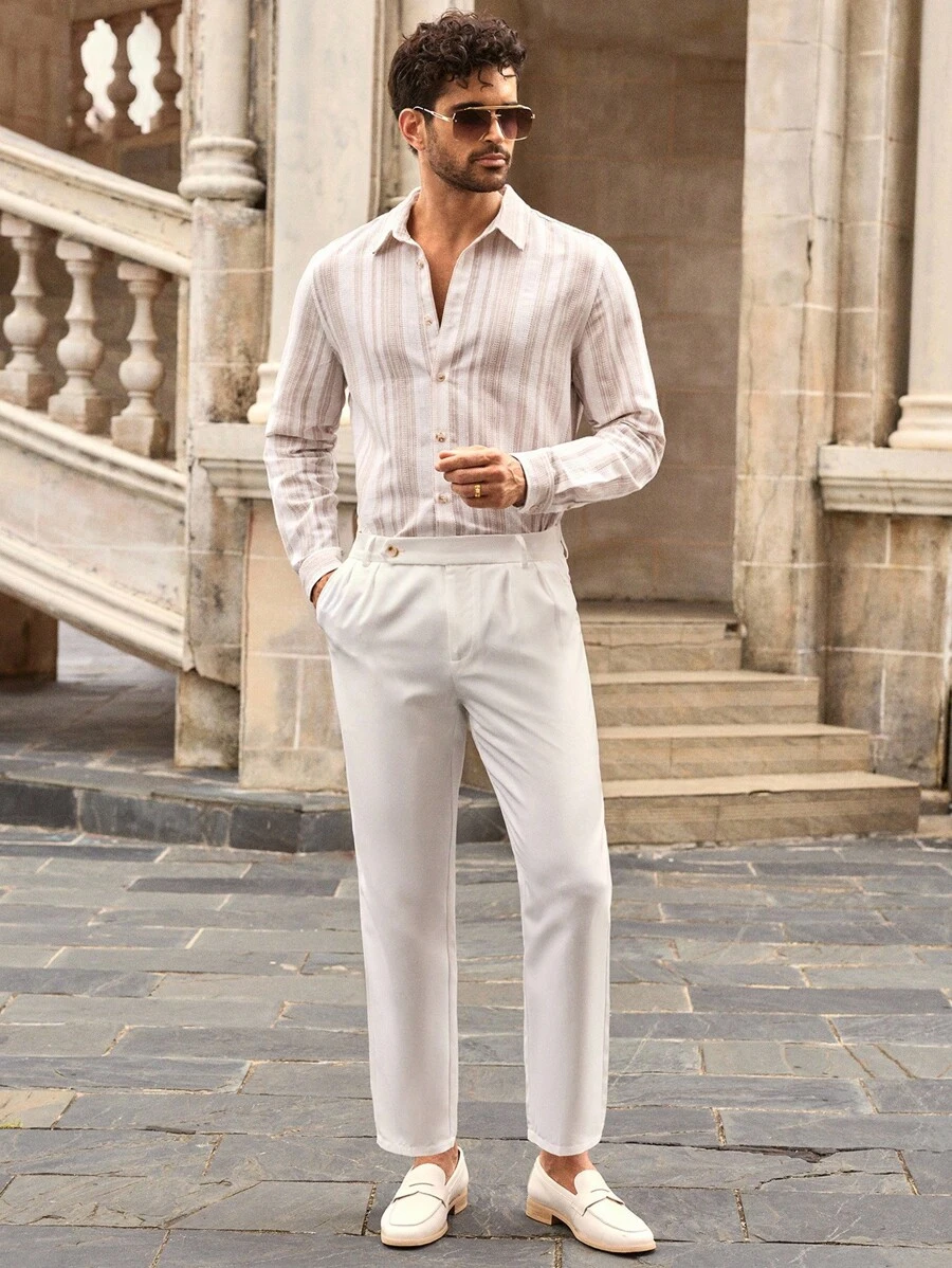 HIMLAND 男士休闲梭织条纹修身长袖衬衫，秋季