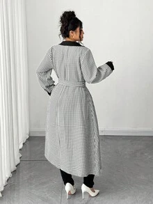 Elenzga Plus Size Women's Black & White Plaid Contrast Color A-Line Double-Breasted Elegant Trench Coat, Autumn/Winter Fall Cloth For Women - Black and White - View 2