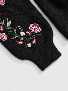 ROMWE Suéter de mujer de estilo hippie con bordado floral, para otoño e invierno - Negro - Ver 4