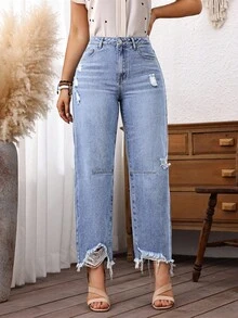 SHEIN Tall 高个子时尚做旧毛边水洗牛仔裤 - 淺色水洗藍 - 查看 6