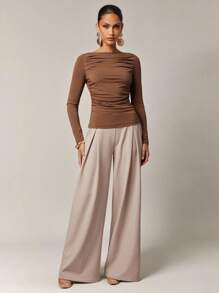 Silquee Women's Solid Color Boat Neck Dolman Sleeve Gathered Casual T-Shirt,Business Casual Top,Long Sleeve Top,Old Money Style Women,Fall Women Clothes,Back To School Clothes,Going Out Women,Going Out Outfits,Date Night Outfits Women