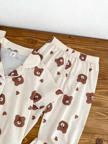 儿童女童小熊印花polo领短袖上衣+长裤睡衣秋季休闲套装 - 杏色 - 查看 5