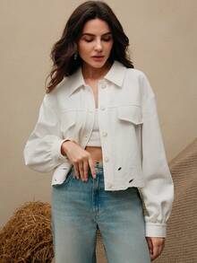 Anewsta Women's Short Embroidered Denim Jacket, Lightweight, Modern, White, Autumn/Winter - White - View 7