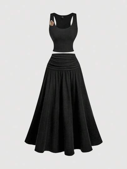 SHEIN MOD 女士优雅玫瑰金金属装饰上衣和裙子套装