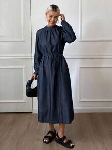 DAZY Vestido casual de mezclilla de cuello redondo y cintura ceñida para mujer