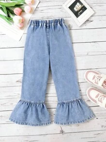 Young Girls Flare Leg Jeans With Ruffle Hem, Cute & Casual Loose Fit, Soft & Comfortable, Versatile For Pairing With Sweatshirts & T-Shirts, Lightweight Denim Pants Suitable For Spring & Autumn - Medium Wash - View 2