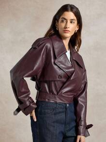Briarwyn 女士翻领插肩袖宽肩 PU 皮革时尚夹克秋季女士冬季夹克女士冬季女士教师女士老款风格女士；复古 - 酒紅色 - 查看 4