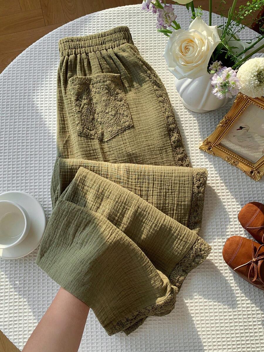 Comfortcana 女式休闲军绿色蕾丝拼接阔腿裤 - 軍綠色 - 查看 1