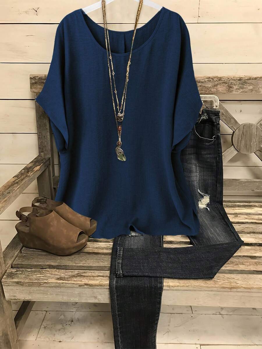 Linhara Plus Size Casual Vacation Brown Shirt, Fashionable For Summer - Blue - View 1