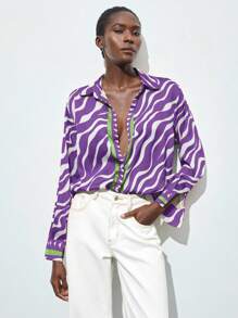 Maija Women's Multicolor Animal Print Zebra Pattern Fashionable Vacation Button-Up Shirt, Versatile All-Season Business Casual Blouse,Autumn Outfits For Women