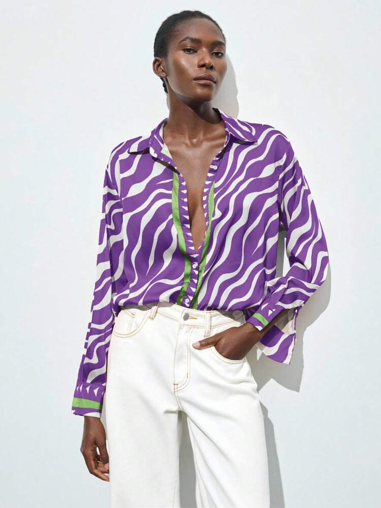 SHEIN Maija Women's Multicolor Animal Print Zebra Pattern Fashionable Vacation Button-Up Shirt, Versatile All-Season Business Casual Blouse St Patrick's Day Women Easter Summer Easter Women Party Top Beach Summer Holiday Beach Vacation Summer Going Out Graduation Casual Blouses For Women