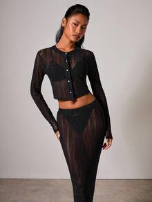 COSMINA Women's Striped Mesh Sequin Single-Breasted Cropped Long Sleeve Top And Mini Skirt Sexy 2 Pieces Set