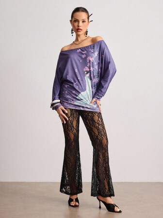 ROMWE Avant Damen Vintage Chinesische Malerei Blumen Muster Off-Shoulder Loose T-Shirt