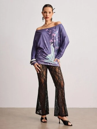 ROMWE Avant Women's Vintage Chinese Painting Floral Print Off Shoulder Loose T-Shirt