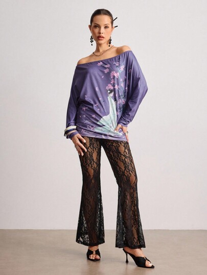 ROMWE Avant Camiseta suelta con estampado floral de pintura china vintage y hombros descubiertos para mujer