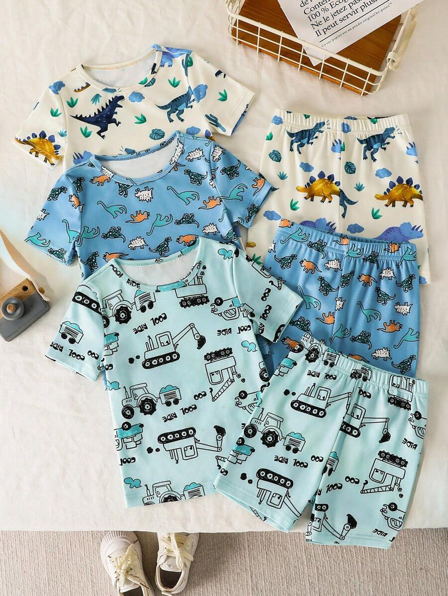 SHEIN Playful Pals Set de 6 piezas de pijama para niño: Camiseta ajustada con estampado de dibujos animados de espacios y animales marinos & Conjunto de pantalones cortos para niños pequeños - Multicolor - Ver 1