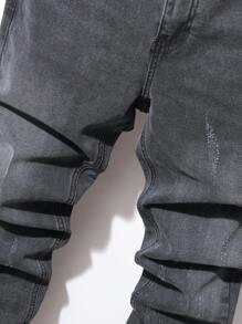 Manfinity Homme 男士純棉擺口口袋修身牛仔褲，長直筒磨損深色牛仔褲，簡約灰色工作商務休閒男友風格 - 深灰色 - 查看 5