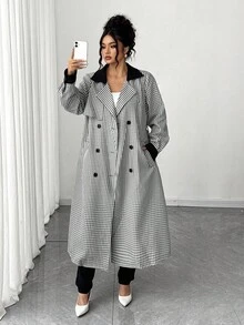 Elenzga Plus Size Women's Black & White Plaid Contrast Color A-Line Double-Breasted Elegant Trench Coat, Autumn/Winter Fall Cloth For Women - Black and White - View 5
