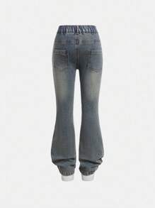 SHEIN Tween Girl Vintage Boho Urban Dark Wash Elastic Waist Stretchy Flare Jeans With Flat Pockets, Girls Daily OOTD Outfits, School, Campus, College