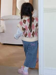 Dazy Kids 女婴拼色钻石图案V领针织背心，秋冬，幼儿秋季服装 - 彩色 - 查看 2