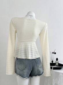 Elamini Women's V-Neck Long Sleeve T-Shirt, Tie Bow Textured Fabric, Slim Fit, Casual Vacation, Spring/Autumn Fall Cloth For Women - Apricot - View 2