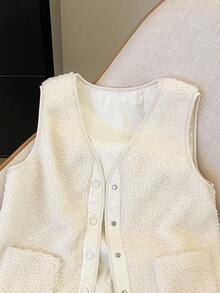 INAWLY 女士纯色无袖口袋设计短款夹克，简约百搭，秋冬 - 米色 - 查看 4