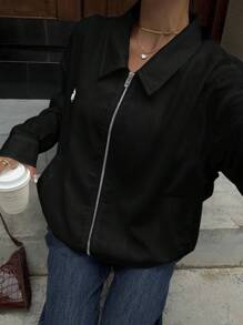 Muchica 女士黑色梭织休闲常规夹克，前拉链和骑士印花黑色夹克女士亚麻夹克女士拉链夹克女士秋冬 - 黑色 - 查看 6
