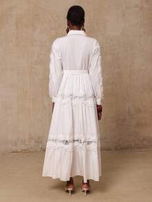 SHEIN Privé 女士撞色蕾丝领长裙 - 白色 - 查看 5