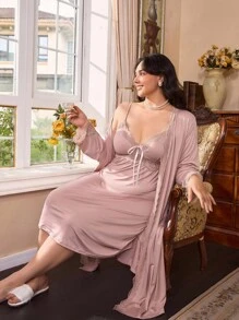 Conjunto de pijama de 2 piezas con parches de encaje elegante talla grande, ropa de otoño - Rosa vieja - Ver 7