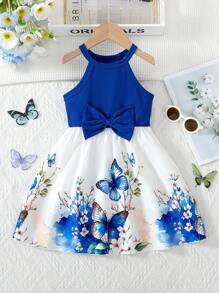 SHEIN Young Girl Floral Print Waist Bowknot Neck Casual Dress, Elegant Style Suitable For Travel, Holiday, Party, Summer Gift Summer Holiday