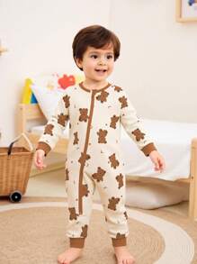 婴幼儿男童可爱熊印花连体衣，撞色拉链设计，弹性针织面料，柔软舒适长袖连体衣 - 彩色 - 查看 3