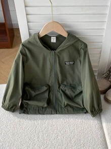 SHEIN 男童宽松休闲舒适连帽夹克，军绿色，秋冬 - 軍綠色 - 查看 5