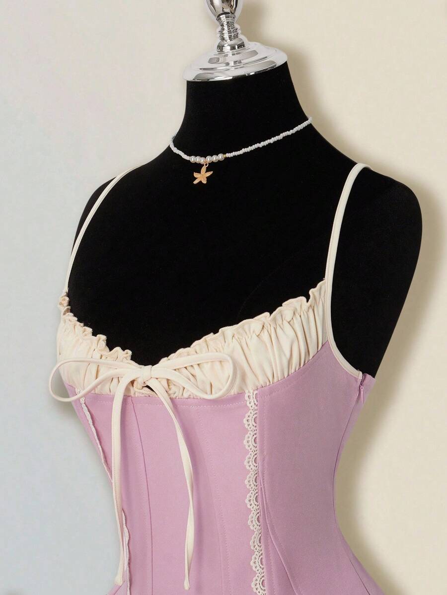 SHEIN ICON Women's Spring/Summer Graduation Prom Sweet And Cute Pure Millennial Style Y2K Kululi Style 2 In 1 Chest Ruffle Lace Stitching Pink Slim Low-Waist Pleated Mini Dress - Pink - View 1