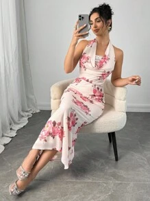Modelyn Women's Floral Print Draped Neck Bodycon Dress - Pink - View 6