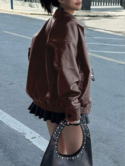 INAWLY Brown Motorcycle Jacket For Women, Casual Loose Long Sleeve Fall/Winter Leather Coat