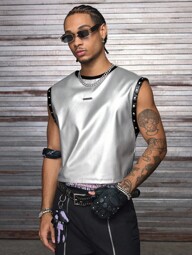 AXEPEAK Fashionable Streetwear Crew Neck Sleeveless Vest With Printed Front Panel For Men, 2000s Style