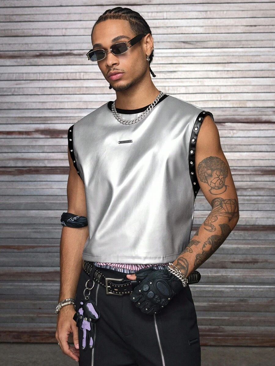 AXEPEAK 时尚街头风圆领无袖上衣，正面印花拼接，男士款，2000年代风格 - 銀色 - 查看 1