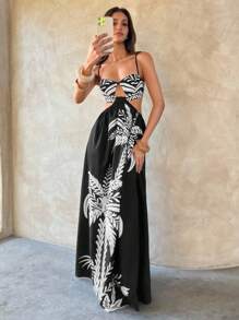 Aloruh 满版印花镂空夏季休闲百搭吊带背心连衣裙 - 卡其色 - 查看 8